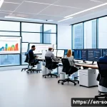 CI CD 파이프라인 구축을 위한 컨설팅 서비스 - A modern software development team collaborating in a bright, open office space, surrounded by multi...