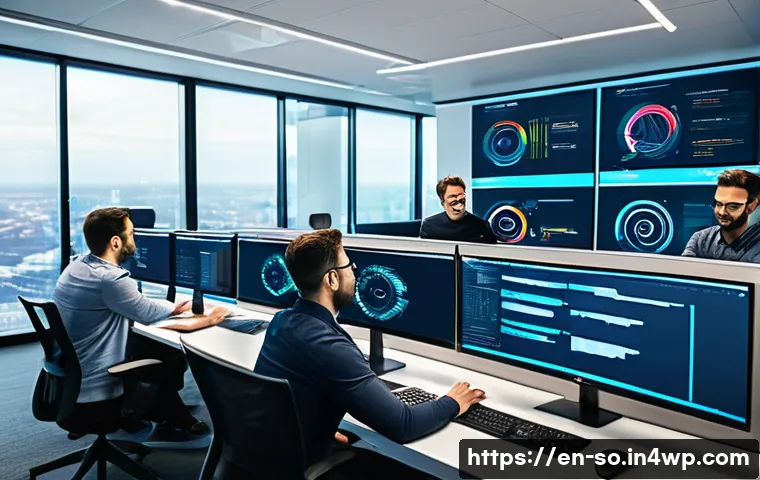 CI CD 파이프라인 구축을 위한 고객 사례 - A modern tech office scene showing a diverse team of software engineers collaborating around multipl...