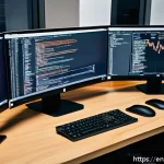 CI CD 파이프라인 구축을 위한 경로 설정 - A modern software developer&rsquo;s workspace showing multiple monitors displaying CI/CD pipeline dashboar...