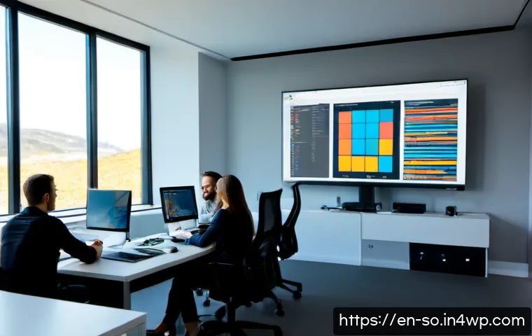 CI CD 파이프라인 도입 후 변화 분석 - Photorealistic modern software engineering workspace showing a confident diverse team reviewing a sm...
